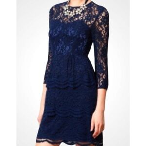 Kachel Anthropologie Blue Lace Overlay Tiered Sweetheart Long Sleeve Dress 12